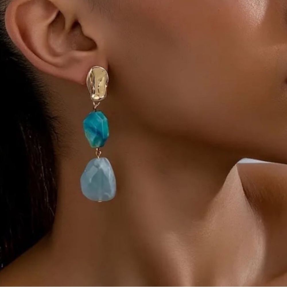 Gold & Blue Beaded Stone Dangle Earrings
